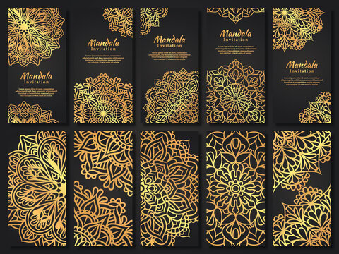 Set of luxury wedding invitation card with gold mandala design