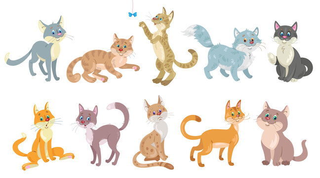 Set of ten funny cats. In cartoon style. Isolated on white background. Vector flat illustration.