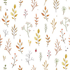 Watercolor branch, leaves, flower autumn pattern. Seamless texture for textile, fabric, apparel, wrapping, paper, stationery.