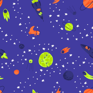 Outer space seamless pattern with planets, stars and rockets. Dino travels in a rocket through the galaxy. Children's packaging with a space dinosaur. Flat illustration images.