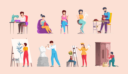 Creative artistic hobbies set. Man and woman amateurs leisure activity cartoon vector