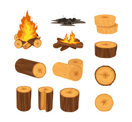 Wood industry products, tree trunks, bark, branches, planks, chest, shavings, firewood boards, fire burning wooden logs, wood campfire.