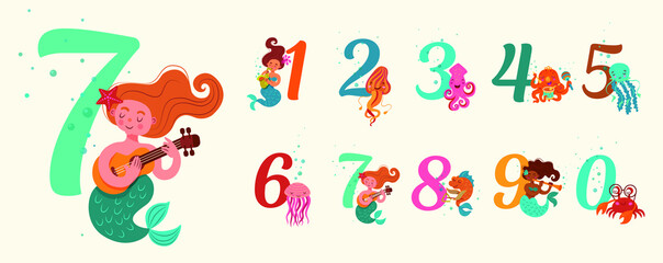 Vector illustration of numbers in a marine theme. Figures of mermaids, jellyfish, fish, colmar, crab, octopus. Poster, postcard for children.