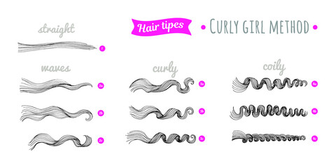 Scheme of curly hair of different types. Straight, waves, curly, coily hair. Curly hair type chart. Curly girl method.