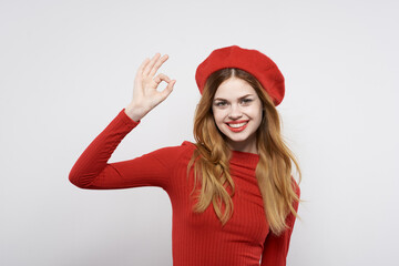 pretty woman hand gesture fun Red lips luxury isolated background