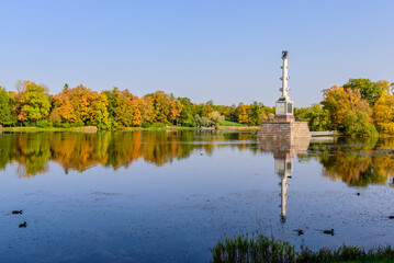 Sightseeing of Saint Petersburg. The Chesmenskaya column in Catherine Park, Pushkin (Tsarskoe Selo), Russia
