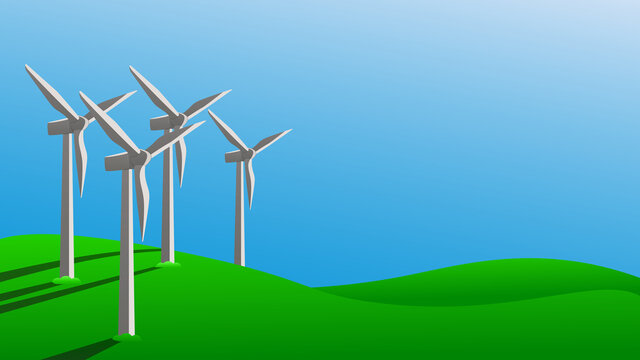 Concept using green energy to protect environment. Windmills generate electricity on green grass. Vector illustration.