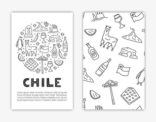 Card templates with doodle outline Chilean icons.