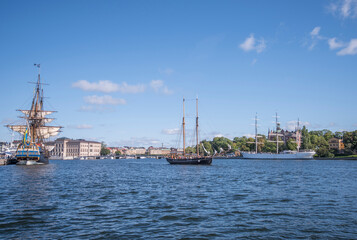 Various sailing ships in the harbor of Stockholm city. 