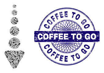 Recursive mosaic arrow down and Coffee to Go round unclean watermark. Blue stamp includes Coffee to Go title inside circle and guilloche style.