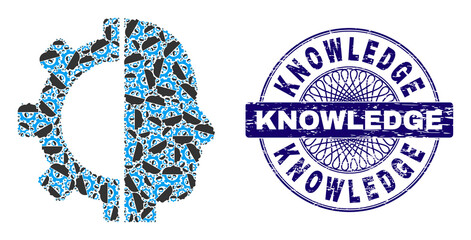 Recursion collage cyborg gear and Knowledge round grunge stamp seal. Violet stamp seal includes Knowledge caption inside circle and guilloche structure.