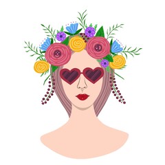 Girl in sunglasses and flowers on her head on white background. Vector illustration for printing, logo, beauty saloon, covers, packaging, greeting cards, posters, stickers, textile, seasonal design.