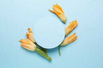 Fototapeta na wymiar Zucchini and zucchini flowers on a bright blue background with a letterhead. 