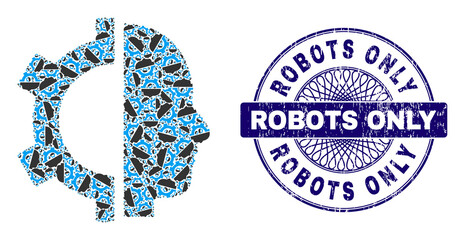 Recursive mosaic cyborg gear and Robots Only round scratched stamp imitation. Blue stamp seal includes Robots Only tag inside circle and guilloche structure.