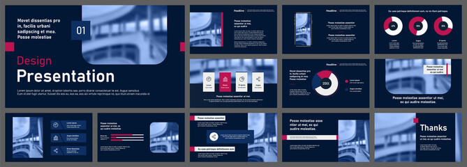 Set of vector slides for presentations and reports. Geometric elements with infographics in minimal design on a white background. Can be used for brochures, flyers, booklets, banners, web interfaces.