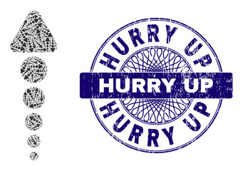 Recursive combination arrow up and Hurry Up round corroded stamp seal. Blue seal includes Hurry Up caption inside circle and guilloche structure.