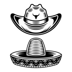 Cowboy hat and sombrero vector objects or design elements in vintage monochrome style isolated on white background. Set of western headdress