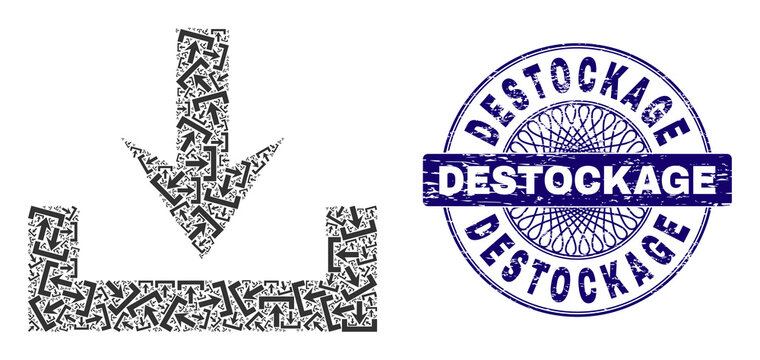 Recursion mosaic downloads and Destockage round unclean stamp imitation. Violet stamp seal includes Destockage title inside circle and guilloche ornament.
