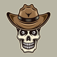 Skull in cowboy hat vector illustration in colorful cartoon style isolated on dark background