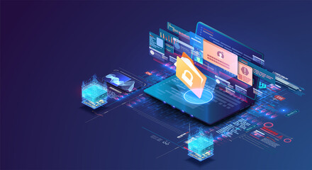 The concept of a data protection website, prohibited entry. The concept of online security. The laptop is protected by a screen and a lock, entering a personal password. Isometric vector illustration