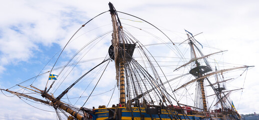 Rig details from an old sailing replica of the Swedish East Indiaman Götheborg I in the harbor of Stockholm city