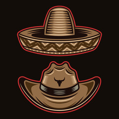 Cowboy hat and sombrero vector objects or design elements in colorful style on dark background. Set of western headdress