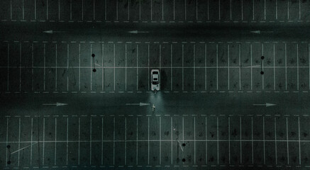 Bird's eye view of a white car on a parking lot