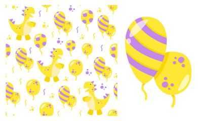 Patterns on a white background. Dinosaur, gifts, balls. Birthday, children's party, shows, entertainment, events, new year, christmas, guests, surprise. For packaging, postcards, invitations, covers.