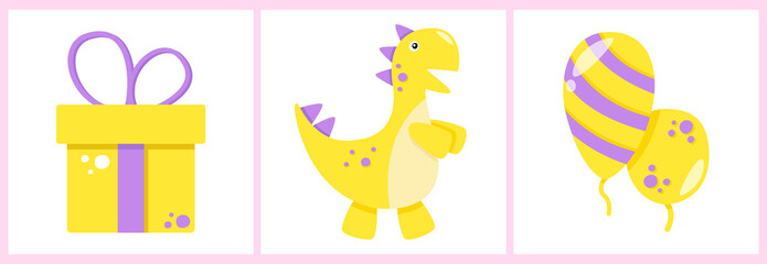 Set of childrens illustrations, white background. Dinosaur, gifts, balls. Birthday, children's party, shows, entertainment, events, new year, christmas, guests, surprise. For packaging, postcards. © Любовь Мирскова