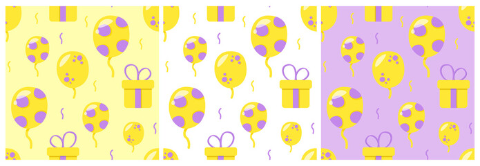 Set of patterns on a white background. Gift boxes. Birthday, children's party, shows, entertainment, events, new year, christmas, guests, surprise. For packaging, postcards, invitations, covers.