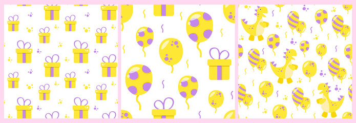 Set of patterns on a white background. Gift boxes. Birthday, children's party, shows, entertainment, events, new year, christmas, guests, surprise. For packaging, postcards, invitations, covers.