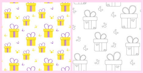Set of patterns on a white background. Gift boxes. Birthday, children's party, shows, entertainment, events, new year, christmas, guests, surprise. For packaging, postcards, invitations, covers.