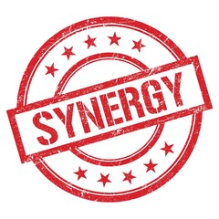 SYNERGY text written on red vintage stamp.
