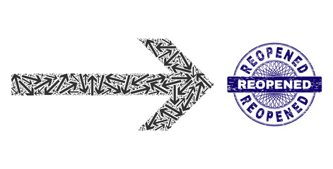 Recursive collage arrow right and Reopened round textured stamp print. Violet stamp seal includes Reopened text inside circle and guilloche pattern.