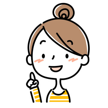 指をさすお団子頭の女性