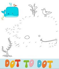 Dot to dot puzzle for children. Connect dots game. Whale vector illustration