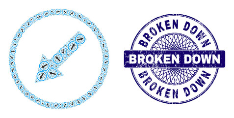 Fractal collage down-left rounded arrow and Broken Down round unclean seal. Blue stamp seal includes Broken Down tag inside circle and guilloche technique.
