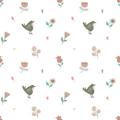 Seamless pattern with cute cartoon birds and flowers on a white background. Vector illustration in minimalistic flat style, hand drawing. Children s print for textiles, print design. Pastel color