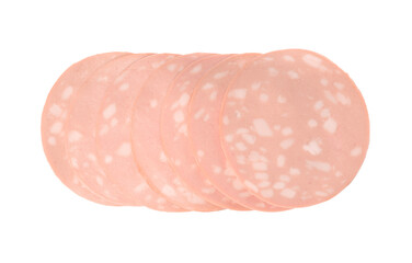 Slices of delicious boiled sausage on white background, top view
