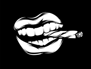 Vector hand drawn  illustration of mouth with cigarette. Template for card, poster, banner, print for t-shirt, pin, badge, patch.