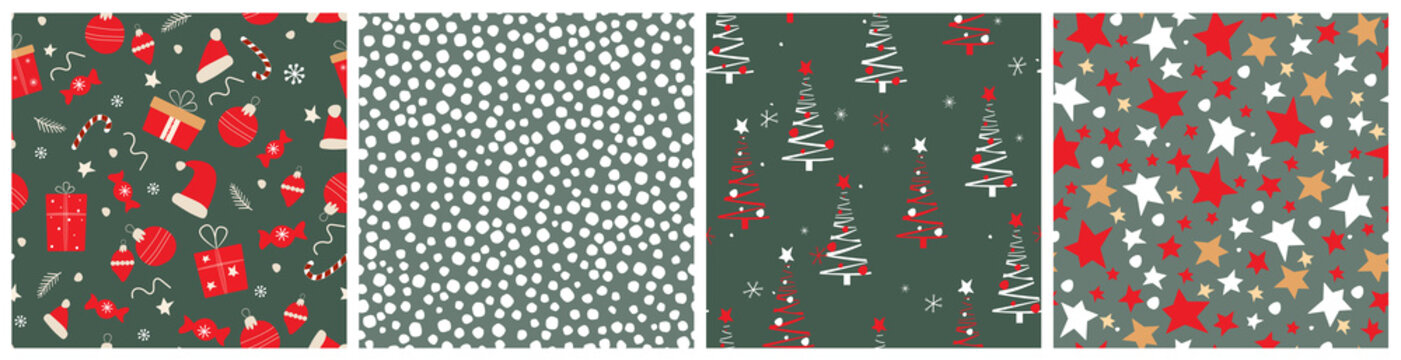 Set of winter seamless patterns with Christmas balls, gift boxes, holiday stars, abstract New Year trees, snowballs. Festive events ornament for packaging, textiles, fabrics. Vector graphics.