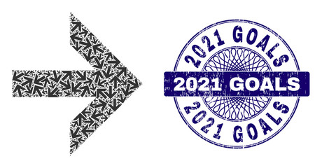 Recursive combination arrow right and 2021 Goals round unclean seal. Violet seal includes 2021 Goals title inside circle and guilloche technique.