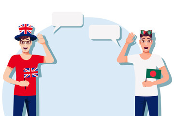 Men with British and Bangladeshi flags. The concept of international communication, education, sports, travel, business. Dialogue between the United Kingdom and Bangladesh. Vector illustration. - obrazy, fototapety, plakaty