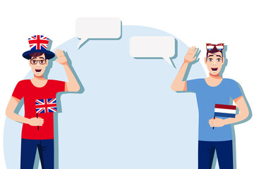 Men with British and Dutch flags. Background for text. Communication between native speakers of the United Kingdom and the Netherlands. Vector illustration. 