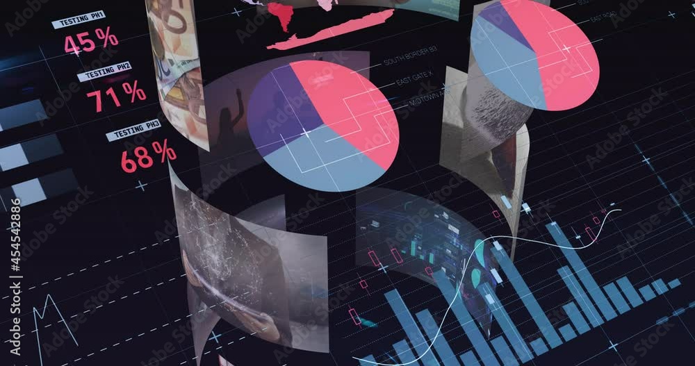 Poster animation of statistics and data processing over screens