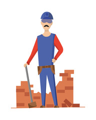 Builder. Mason. Construction worker with professional equipment during building activity. illustration. Professional construction worker character