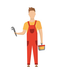 Builder. Plumber. Construction worker with professional equipment during building activity. illustration. Professional construction worker character