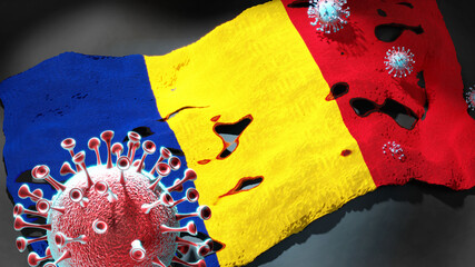 Covid in Romania - coronavirus attacking a national flag of Romania as a symbol of a fight and struggle with the virus pandemic in this country, 3d illustration