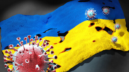 Covid in Ukraine - coronavirus attacking a national flag of Ukraine as a symbol of a fight and struggle with the virus pandemic in this country, 3d illustration
