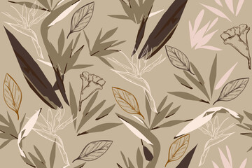 Leaves, grass, spots, stripes, circles. Safari. Camouflage. Modern seamless pattern. Natural ornament. Creative background